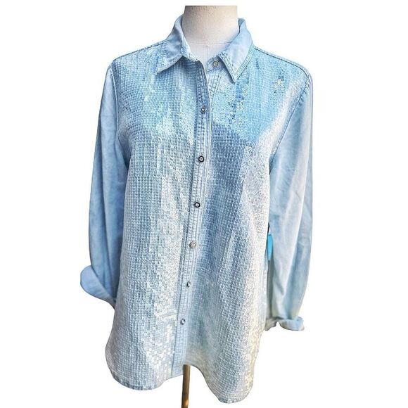 Chicos Chambray Sequin Bling Button Down Blouse Size Medium Fairycore - Picture 1 of 6